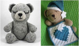 Two crocheted teddy bears: one gray sitting upright, the other a sleepy bear in brown lying down with a teal hat and blanket on a green background.