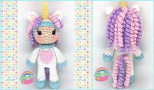 Crocheted unicorn doll with a yellow horn, pink heart, and a whimsical mane of purple, pink, and blue. Ideal for any little girl enchanted by magic. Front and back views shown against a colorful star background with "Neogurumi" logo. Includes detailed crochet pattern.