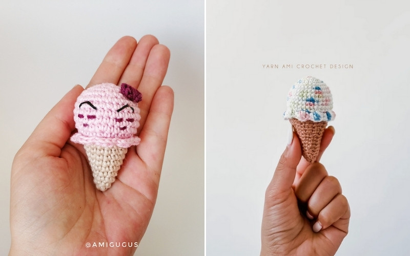 Two hands holding amigurumi ice cream cones. One is pink with a smiling face, the other is white with colorful dots.