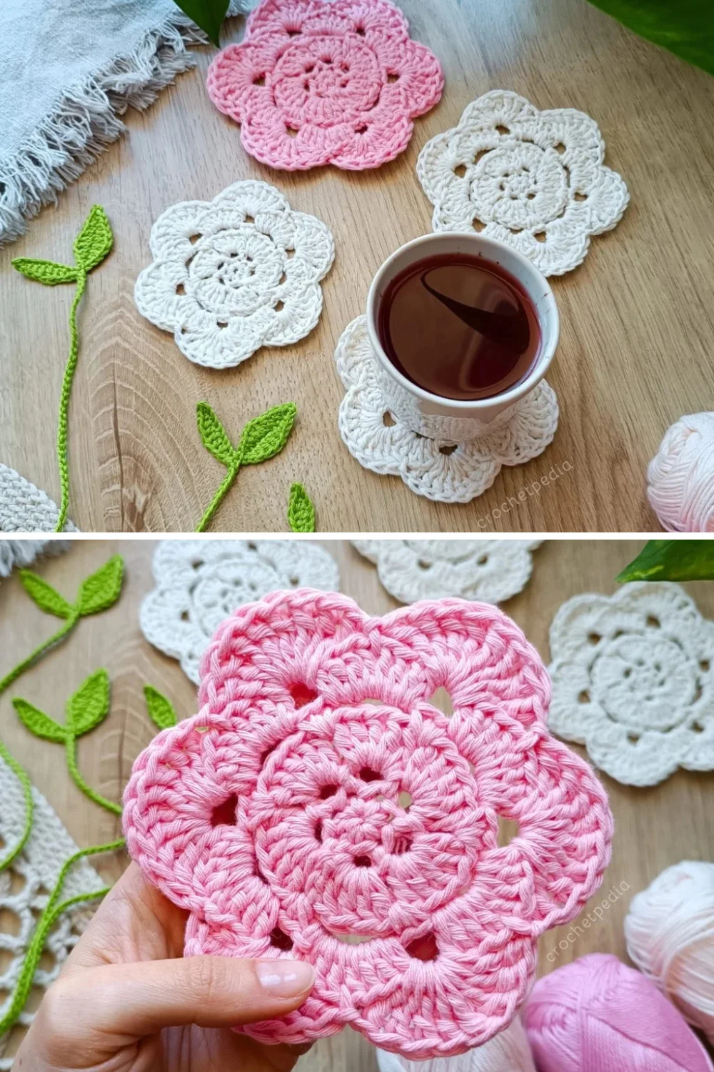 pictures of a set of pink and white crochet coasters in a shape of a flower