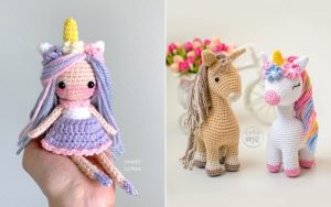 Three crocheted unicorn dolls bring magic to life: one held in a hand, wearing a dress, and two standing proudly—a brown one with a horn and a white one adorned with colorful hair and flowers. Discover the joy of creating your own with free unicorn crochet patterns.