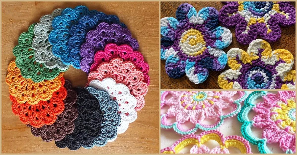 Crocheted floral patterns in vibrant colors form a circle and small clusters on a wooden surface, reminiscent of delicate crochet flower coasters.