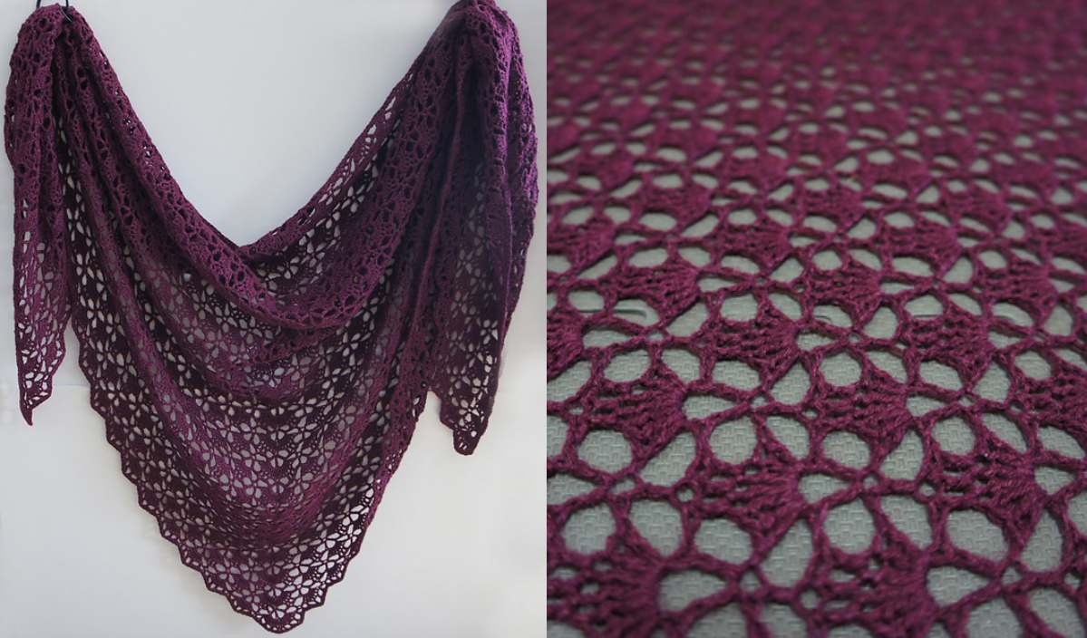 A purple lace shawl, reminiscent of a Mahogany Shawl, is displayed on the left, draped over a white background. On the right, a close-up reveals the intricate crochet pattern.