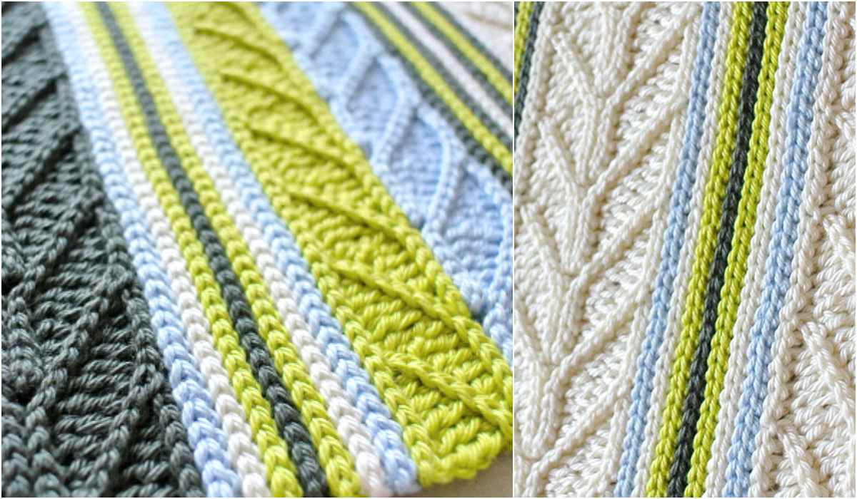 Close-up of a knitted pattern featuring stripes in green, blue, white, and yellow hues, showcasing textured stitches and diagonal slip stitch lines. A beautiful design that's perfect for those seeking inspiration for their next crochet pattern.