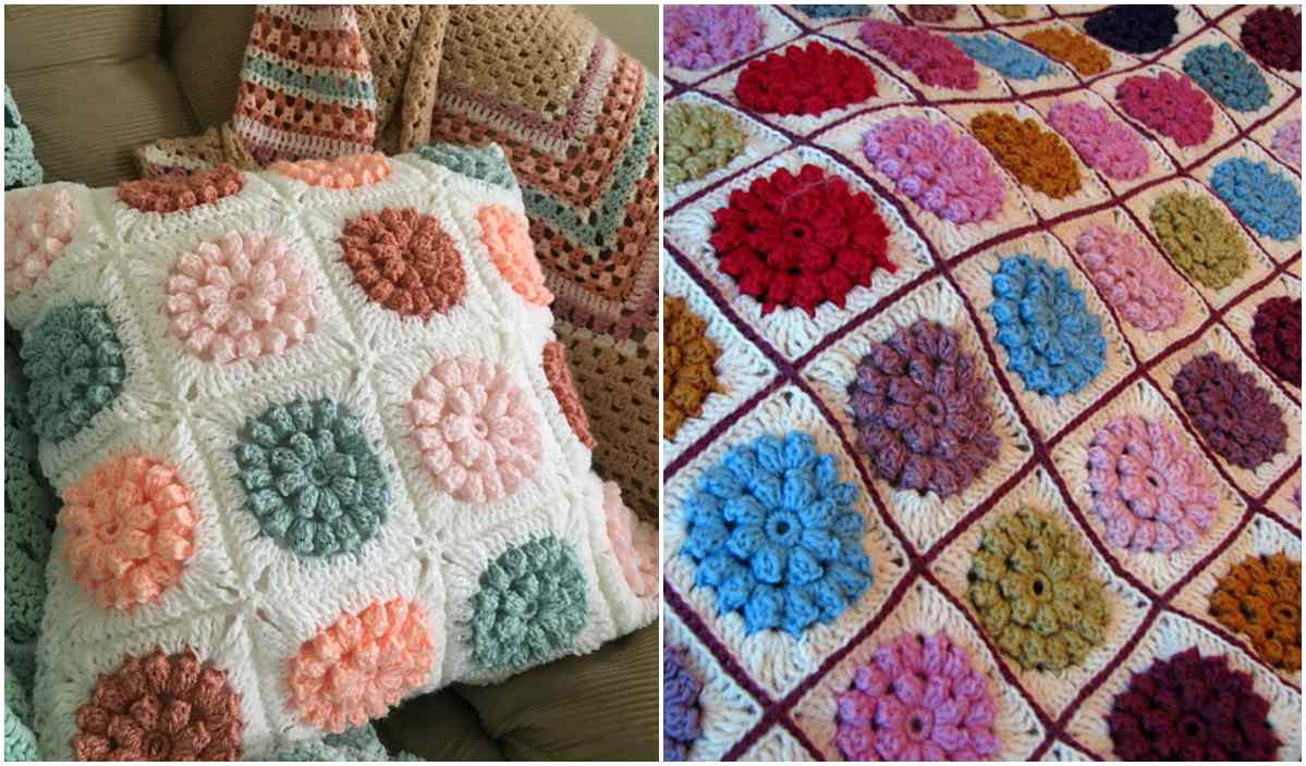 Crocheted cushion and blanket with floral patterns in various colors, including pink, green, and blue—perfect for crafting enthusiasts seeking inspiration.