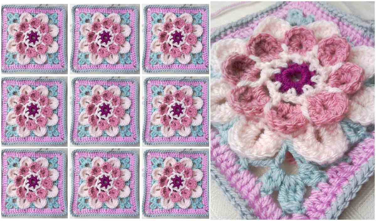 The crochet pattern reveals squares arranged in a grid, each showcasing a pink and purple Moon Blossom with a textured floral centerpiece. A close-up on the right highlights the 3D square detail perfectly.