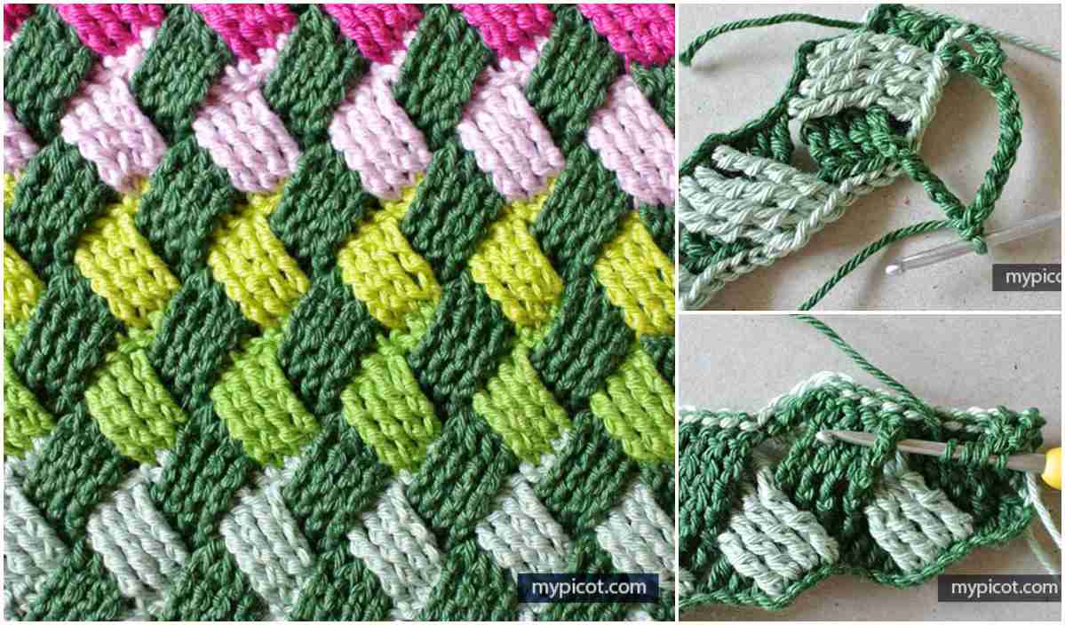 Close-up of a diamond pattern crochet in pink, green, and yellow hues, showcasing the intricate basket weave stitch. Two smaller images reveal the crochet process with a hook, perfect for following along with a free crochet pattern.