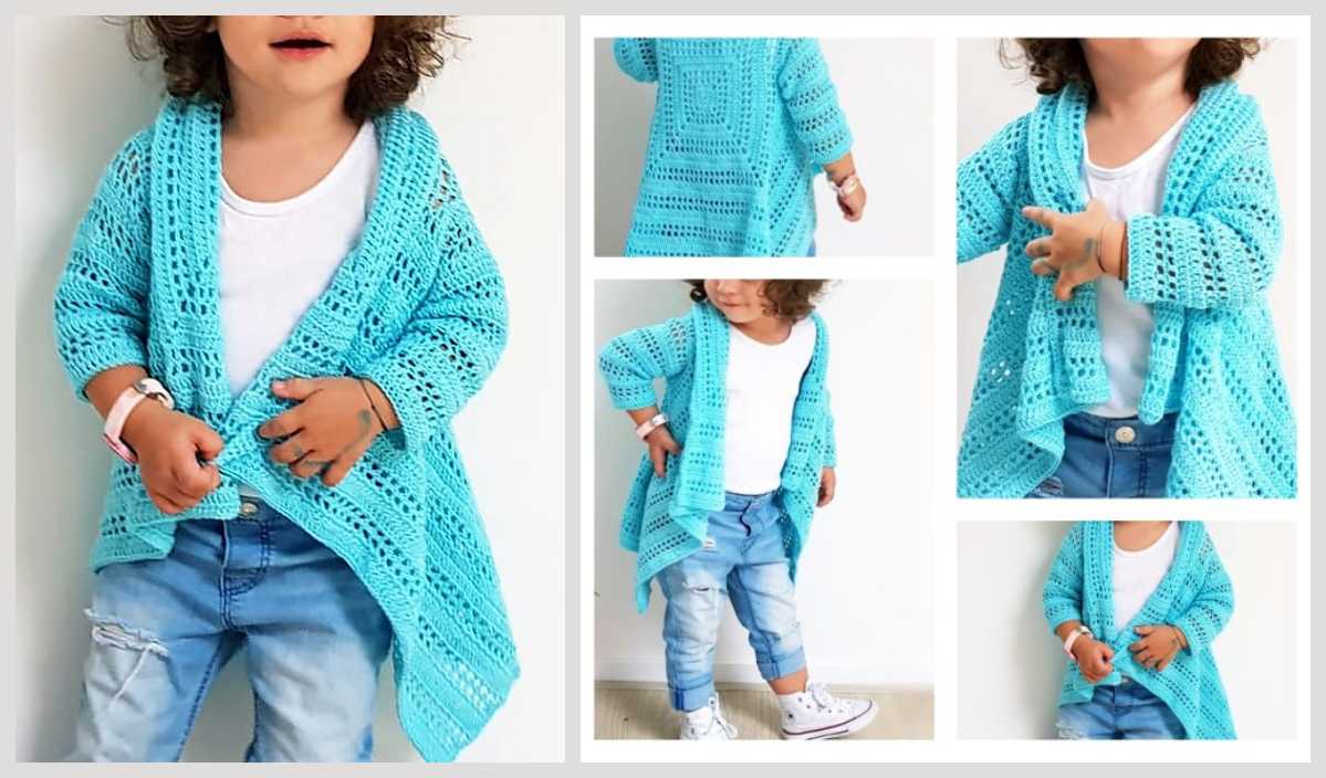 A toddler wearing a blue crocheted cardigan, white shirt, and blue jeans is featured in this delightful kids crochet showcase. Several angles offer detailed views of the intricate crochet pattern on the cardigan.