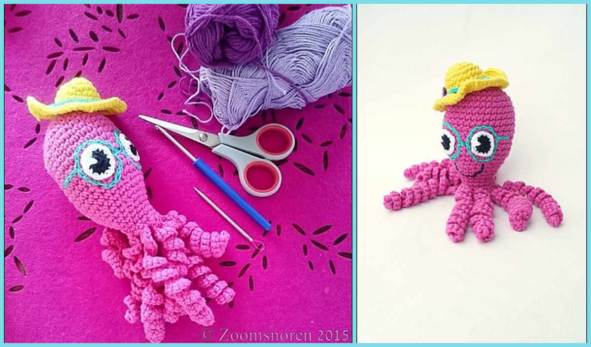 A crocheted pink octopus, crafted from an amigurumi pattern, dons a yellow hat and blue-rimmed eyes. It sits beside scissors, purple yarn, and a crochet hook on a pink background—ideal for preemie gifts or charming decor.