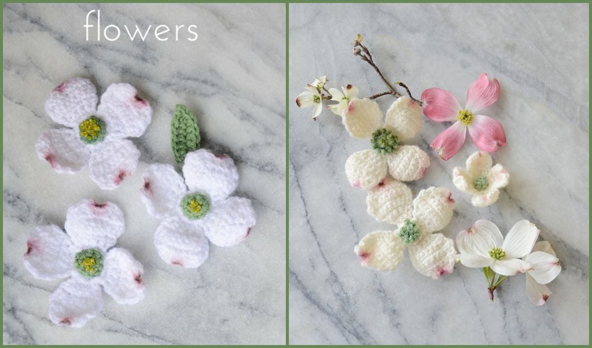 Crocheted dogwood flowers and leaves are artfully displayed next to real blooms on a marble surface, highlighting the intricate details of each crochet pattern.