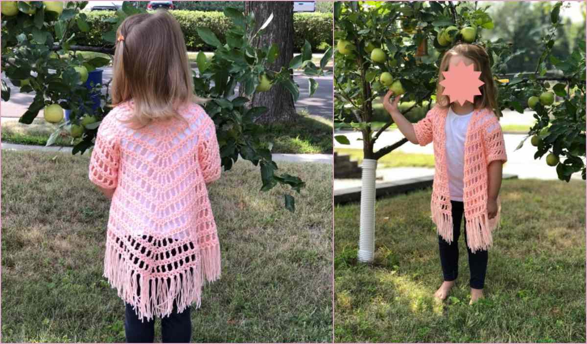 A child wearing a pink Dogwood Crochet cardigan stands near an apple tree, admiring the apples. Her face is obscured in one of the images, adding a touch of mystery to this enchanting scene.