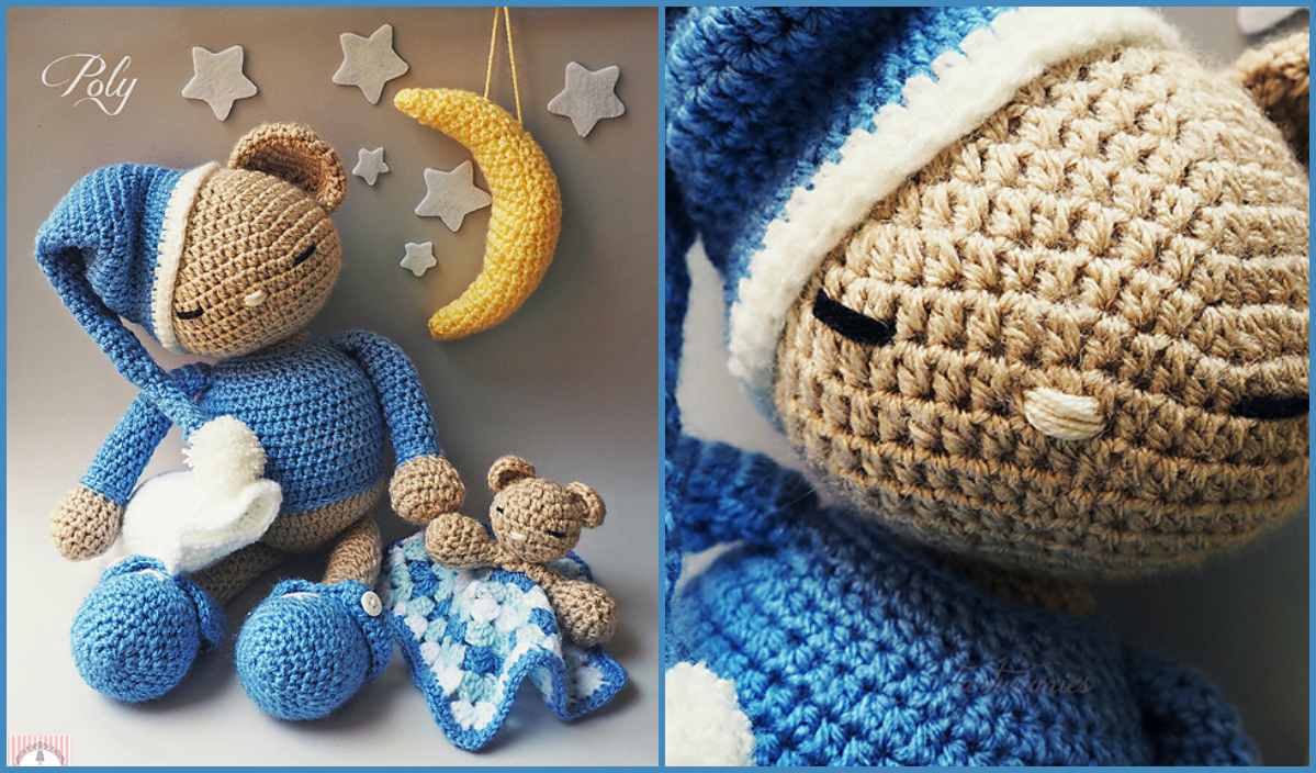 Crocheted teddy bears in blue pajamas and nightcaps; one holds a blanket, surrounded by hanging stars and a moon. Discover the free pattern to bring this charming crochet scene to life.