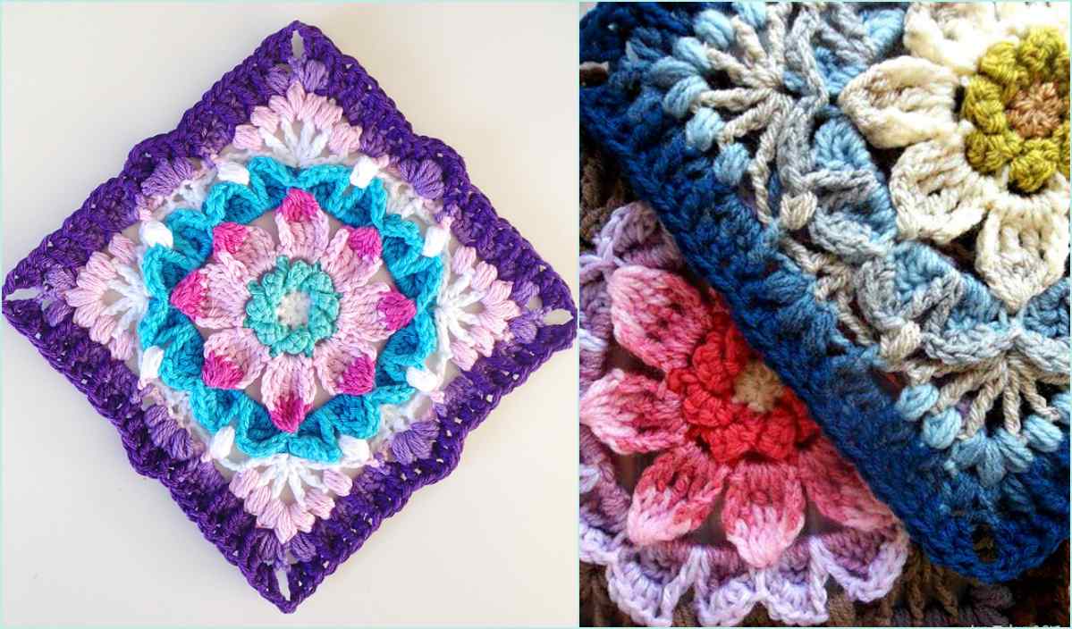 Two vibrant crochet granny squares, one featuring a purple border with a multi-colored center, and the other adorned with blue and pink floral patterns. These intricate designs display the artistry of crochet patterns, reminiscent of those crafted in Birkenhead.