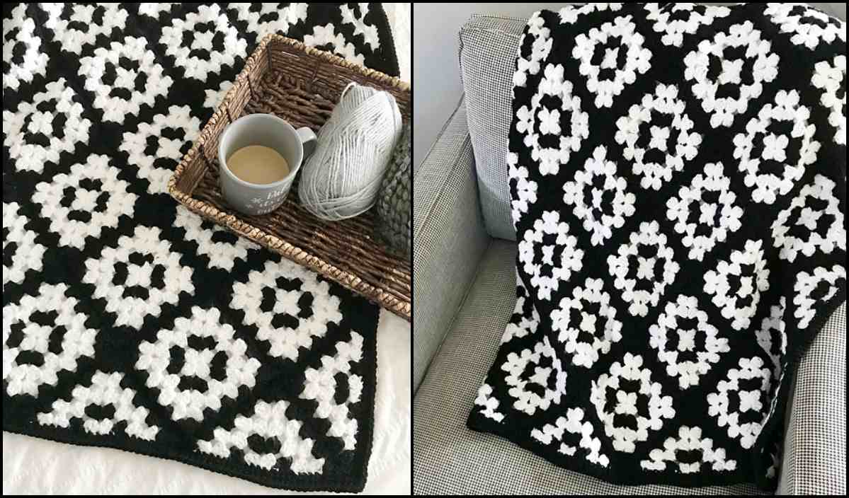 Two images: a black and white crochet blanket with a geometric pattern draped over a couch, reminiscent of the stylish Mabel Blanket, and a similar piece partially shown next to a basket containing yarn and a cup on the sofa.