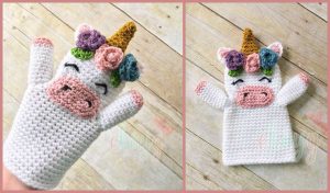 Crocheted unicorn hand puppet with horn, floral mane, and pink hooves displayed from two angles on a wooden surface. Perfect for those seeking a whimsical touch, this creation comes with a free crochet pattern to craft your very own magical friend.