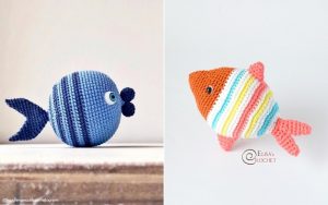 Two crocheted fish toys, crafted meticulously from a delightful crochet fish pattern: one blue with stripes on the left and the other multicolored with stripes on the right.
