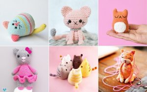 A collage of six crocheted animal toys, including cats and a fox. They vary in color and size, with some displayed on a hand and some on surfaces, inspired by free cat crochet patterns for endless creative fun.