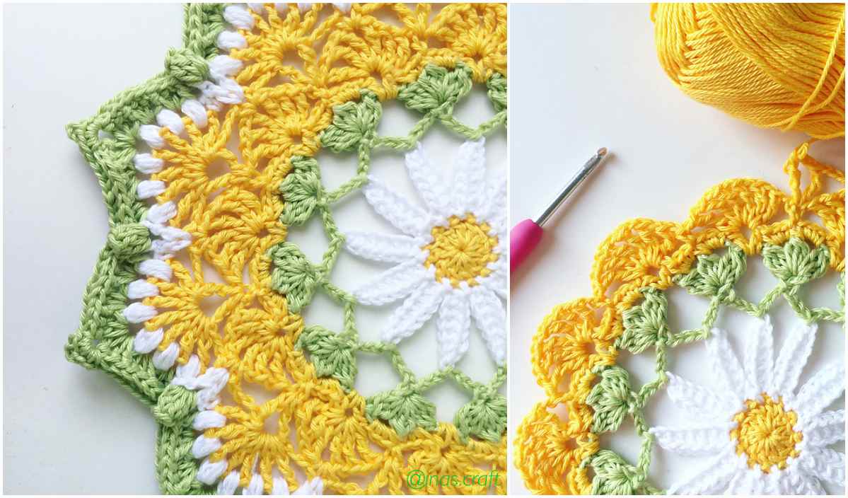 Close-up of a colorful Daisily Doily crocheted with yellow, white, and green yarn, featuring a charming daisy pattern. A crochet hook rests beside a ball of yellow yarn, inviting creativity. Perfect for those seeking inspiration from a free crochet pattern to add delicate charm to their space.