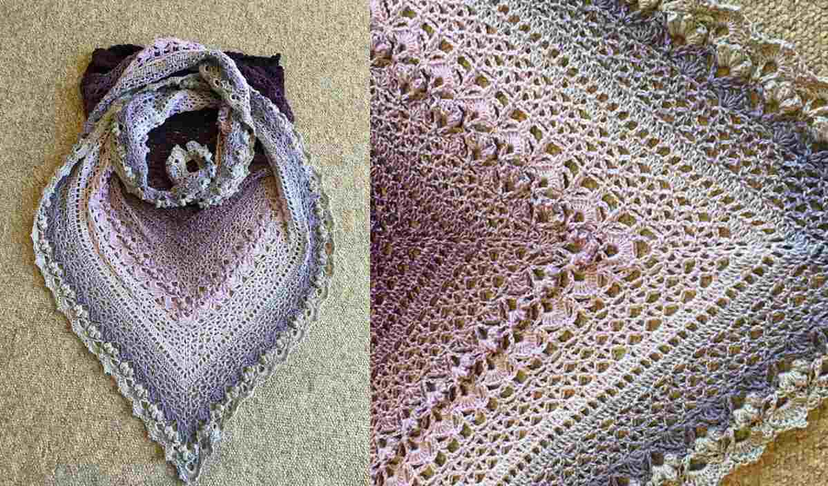 A crocheted "Cockles of My Heart" shawl with intricate patterns in shades of purple, pink, and gray is displayed folded on the left and in close-up detail on the right. Its free crochet pattern captures hearts with its delicate design.