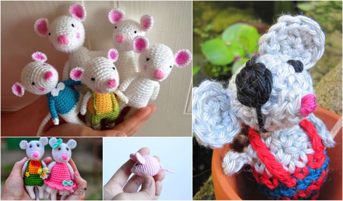 A charming collage of a crocheted mouse family: five adorable figures, two holding hands, a small pink one, and another dressed in a red and black outfit sitting in a pot. Perfect for anyone inspired by whimsical crochet patterns.