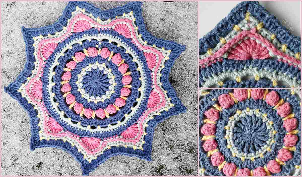 Colorful circular crochet pattern with star-shaped edges, perfect as a pram blanket, featuring pink, blue, and cream yarn. Close-up images show detailed stitching and texture.