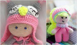 Two crocheted dolls: one wearing a pink owl-themed hat, the other in pink attire with yellow hair and a pink headband, make a delightful addition to any pram blanket or baby toy collection. Create your own using a free crochet pattern for an extra personal touch.