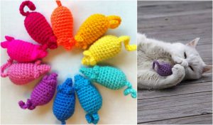 Colorful knitted mice arranged in a circle on the left, while a white cat joyfully plays with a purple mouse on the right, reminiscent of creativity found in a free crochet pattern.