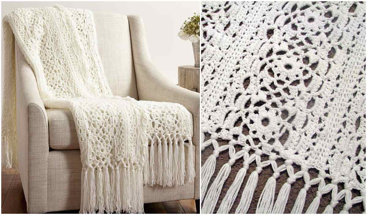 A white Irish Lace Blanket with fringe detail is draped over a beige armchair. Close-up shows intricate lace patterns.