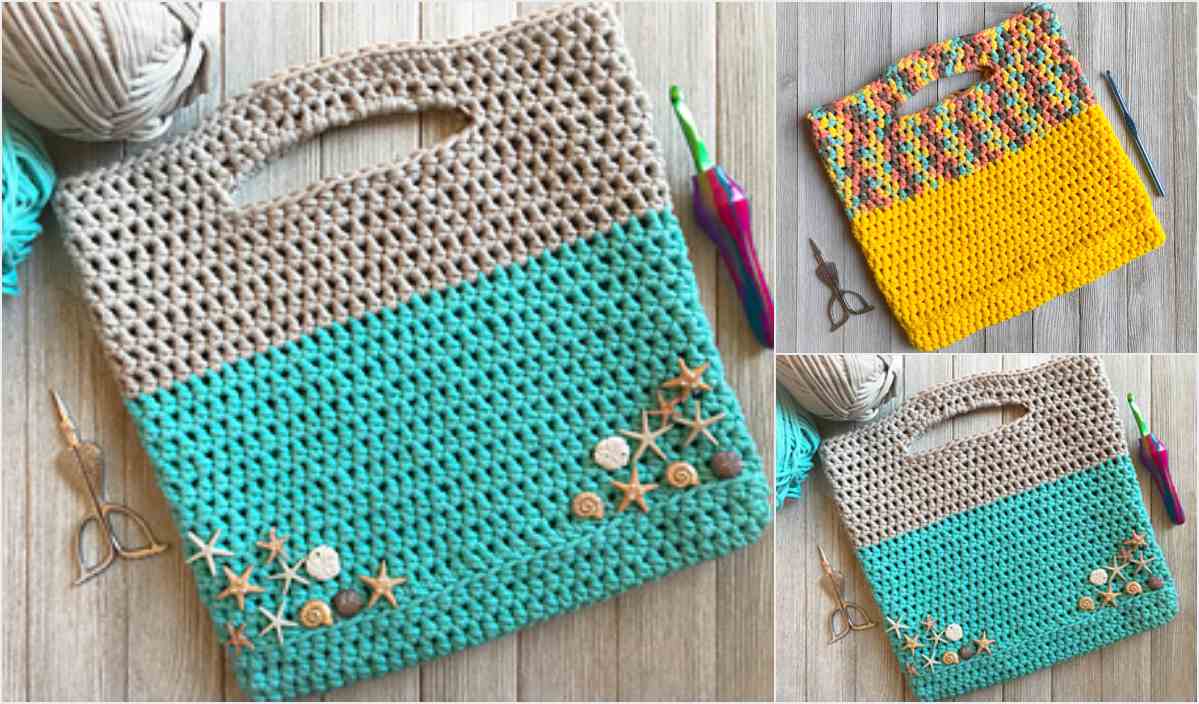 Three stylish crochet bags with handle openings are on display. One is beige and turquoise adorned with shell decorations, another flaunts a yellow body with a multicolor top, and the last is also beige and turquoise. Perfect as project bags, they're crafted using a free crochet pattern. Crochet tools are nearby.