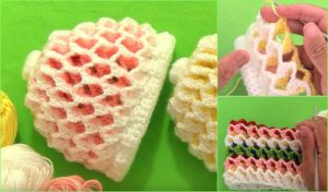 A vibrant array of crocheted items pops against a lush green background. On the right, hands elegantly work with yellow yarn, crafting a stunning 3D Reversible Beanie. Below, a multicolored crochet piece comes to life in this free crochet tutorial video.