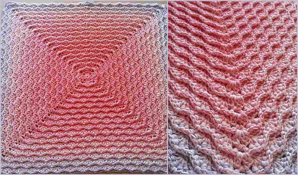 Free crochet pattern showcased in pink and gray hues, featuring a textured square design. The full view and close-up details highlight the intricate craftsmanship of this beautiful piece.