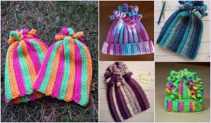 Collage of colorful, striped spiral beanie hats with textured patterns, displayed against natural and wooden backgrounds. Various color combinations include pink, green, orange, purple, and blue—ideal for those seeking free crochet patterns to ignite their creativity.