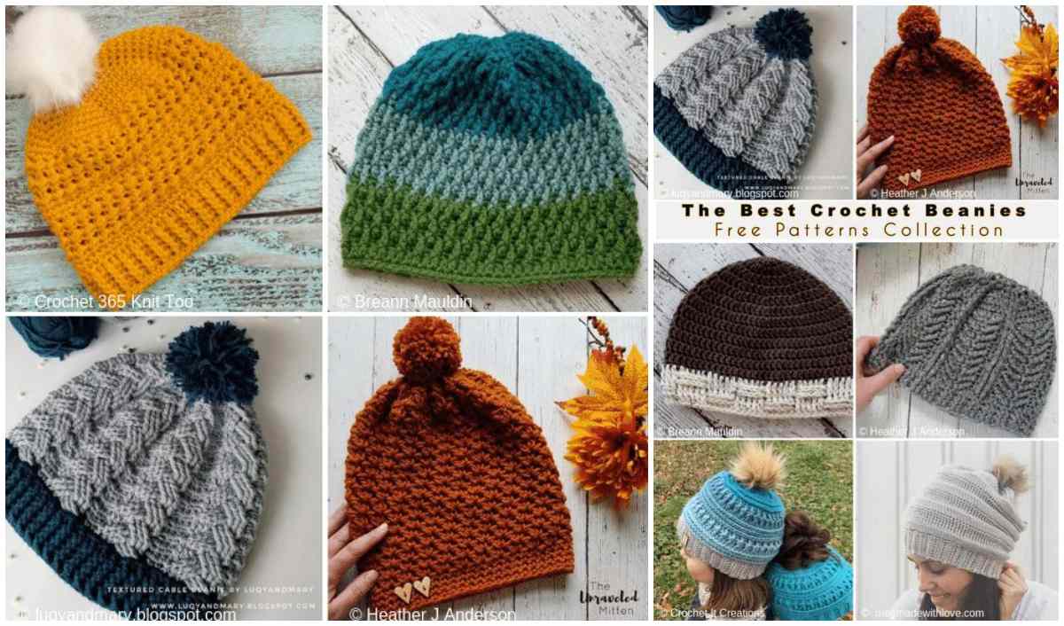 A vibrant collection of crochet beanies, showcasing an array of colors and patterns, some adorned with playful pom-poms.