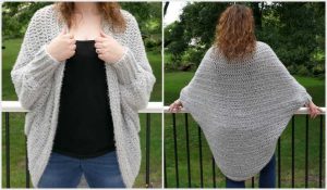 A person wearing a Hygge Cocoon Cardigan, shown from the front and back, stands by a railing with lush greenery in the background. The cozy knit embraces them in warmth and comfort.