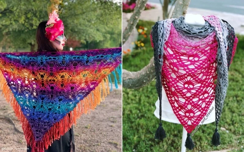 Two colorful crochet shawls are on display: a rainbow triangular shawl featuring a subtle crochet skull pattern worn by a person on the left, and a pink to gray gradient shawl elegantly draped over a mannequin on the right.