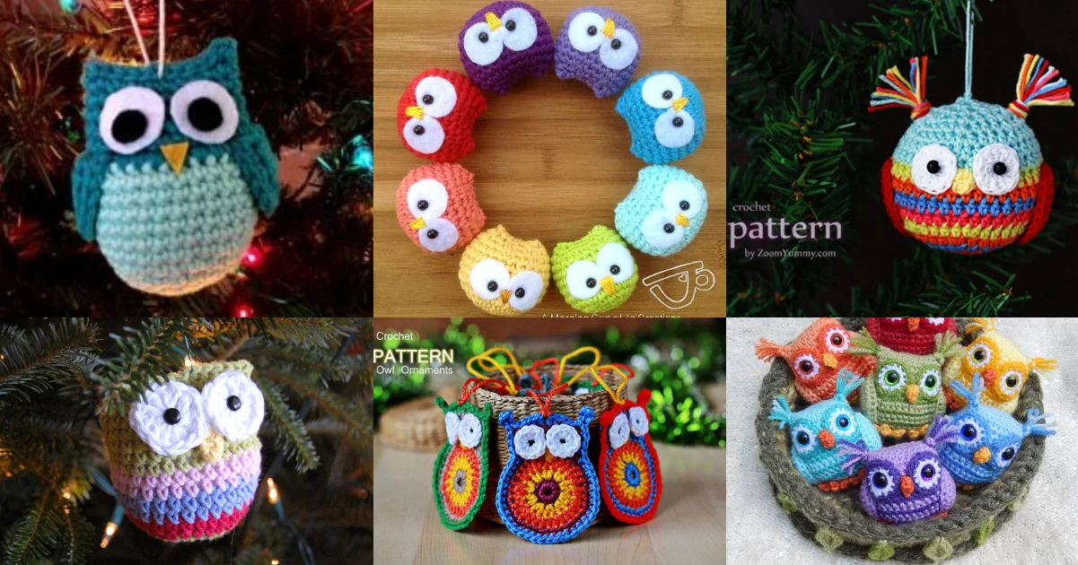 A collage of six cute crochet owl designs, featuring charming ornaments and colorful patterns, displayed on trees and wooden surfaces.