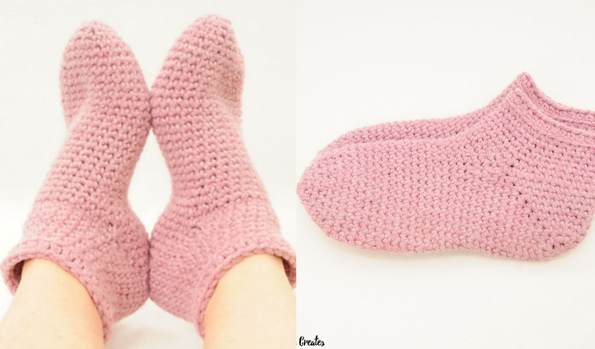 Two images showcase charming pink knitted socks. On the left, a pair cozily warms feet, reminiscent of crochet patterns. On the right, a single sock is displayed flat against a white background.