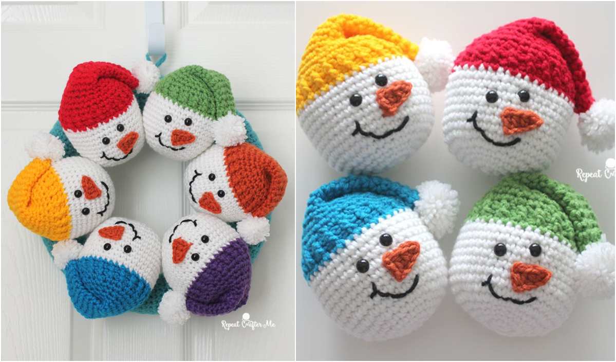 A crocheted snowman faces wreath with colorful hats features in the left image, while they're displayed individually on the right. Discover the perfect snowmen pattern for festive decor.