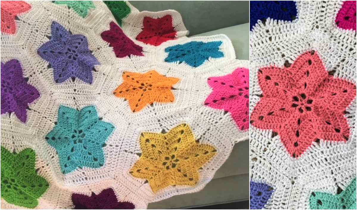 Crocheted blanket with a pieced star pattern on a light background, featuring shades of purple, red, orange, and blue. This colorful hexagon blanket includes a close-up on the right to showcase details of the crochet work.