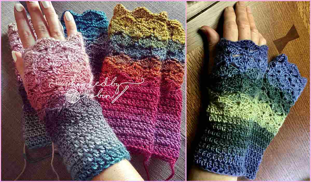 Crocheted fingerless gloves in gradient colors displayed on a wooden surface, with one glove worn on a hand for demonstration. Discover the craft with our easy-to-follow video tutorial and master this crochet pattern effortlessly.