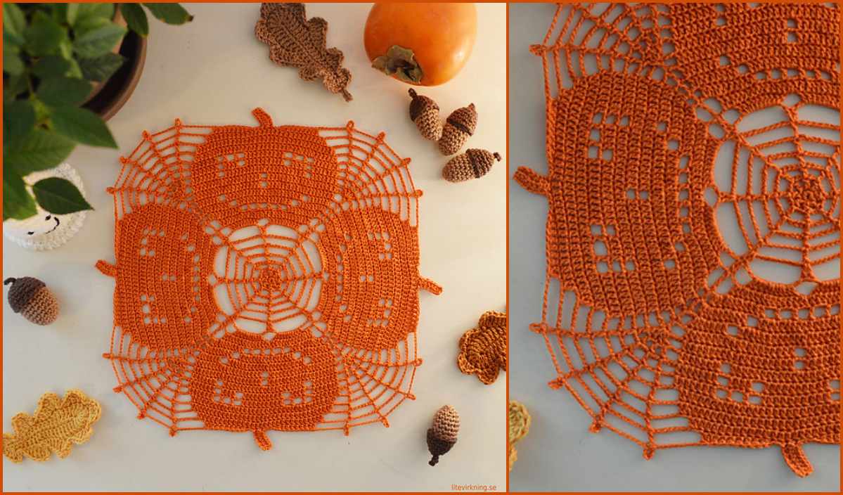 An orange crocheted doily with a pumpkin design graces the table, enhanced by assorted acorn and leaf decorations. Nearby, an ochre beanie sits charmingly, adding a cozy touch to this autumnal scene.