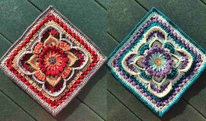 Two crocheted granny squares featuring floral patterns by Kinnedy Nichelle. One square is in shades of red and beige, the other in shades of blue and purple, both on a dark green surface. An exquisite crochet pattern showcases artistry and color harmony.