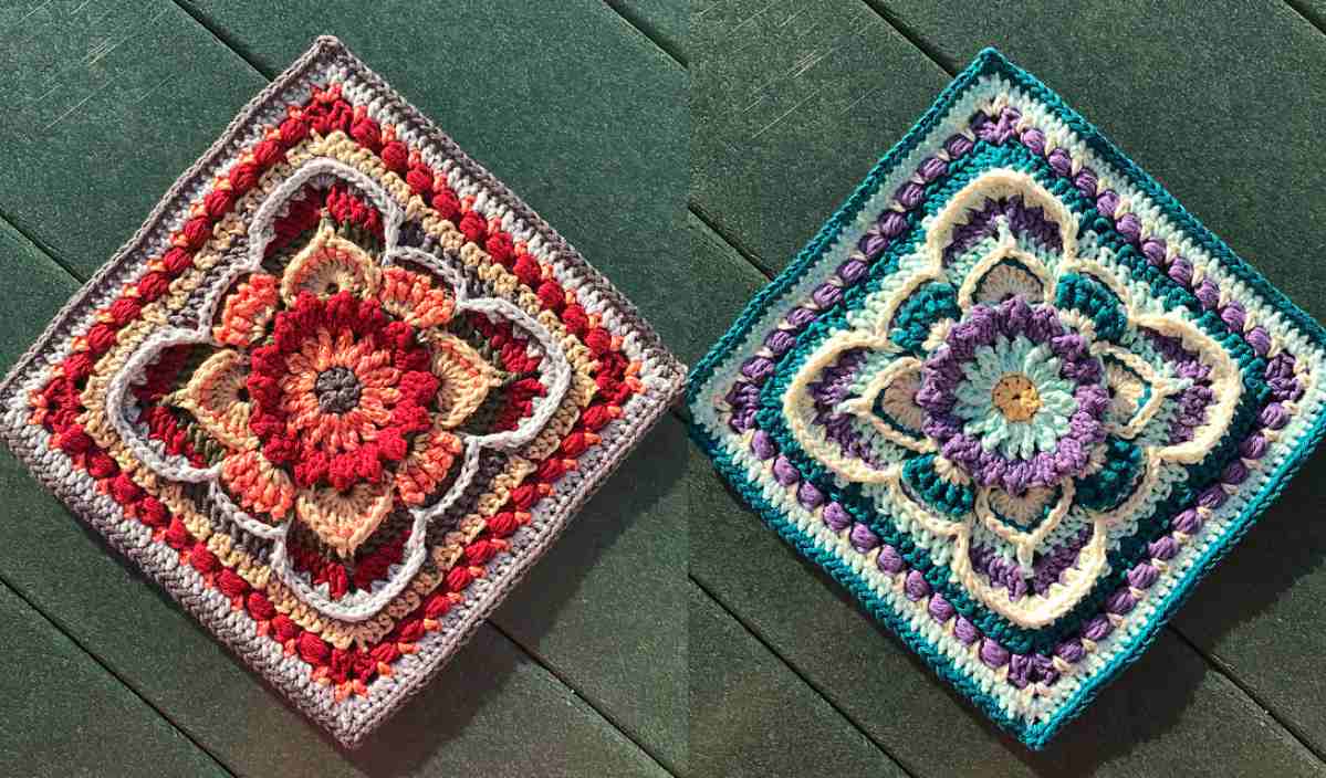 Two crocheted granny squares featuring floral patterns by Kinnedy Nichelle. One square is in shades of red and beige, the other in shades of blue and purple, both on a dark green surface. An exquisite crochet pattern showcases artistry and color harmony.