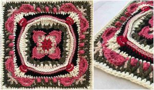 Close-up of a crocheted square with intricate patterns in shades of pink, red, cream, and green, reminiscent of a Lauren Rose design.