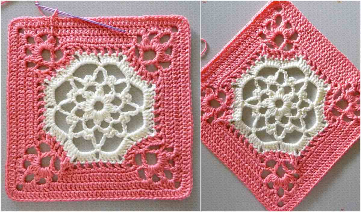 Two crochet squares with a floral pattern in the center, featuring pink and white yarn. One square is positioned straight, while the other is rotated at an angle. This Victorian Dream Square design offers a free crochet pattern for those inspired by timeless elegance.