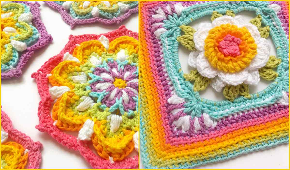 A vibrant rainbow mandala features colorful crocheted patterns with floral designs in pink, yellow, orange, green, and white yarns, arranged side by side.