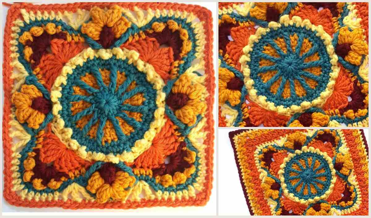 Autumn-inspired crochet square featuring intricate patterns in orange, blue, yellow, and red hues. This design combines circular and geometric motifs, perfect for crafting a cozy blanket.