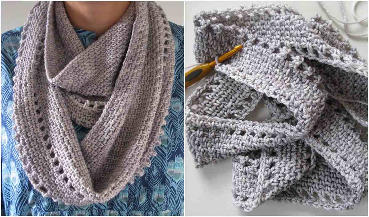 A person wearing a crocheted gray cowl on the left. On the right, a calm close-up of a crocheted gray scarf with a crochet hook attached, showcasing the intricate crochet pattern.