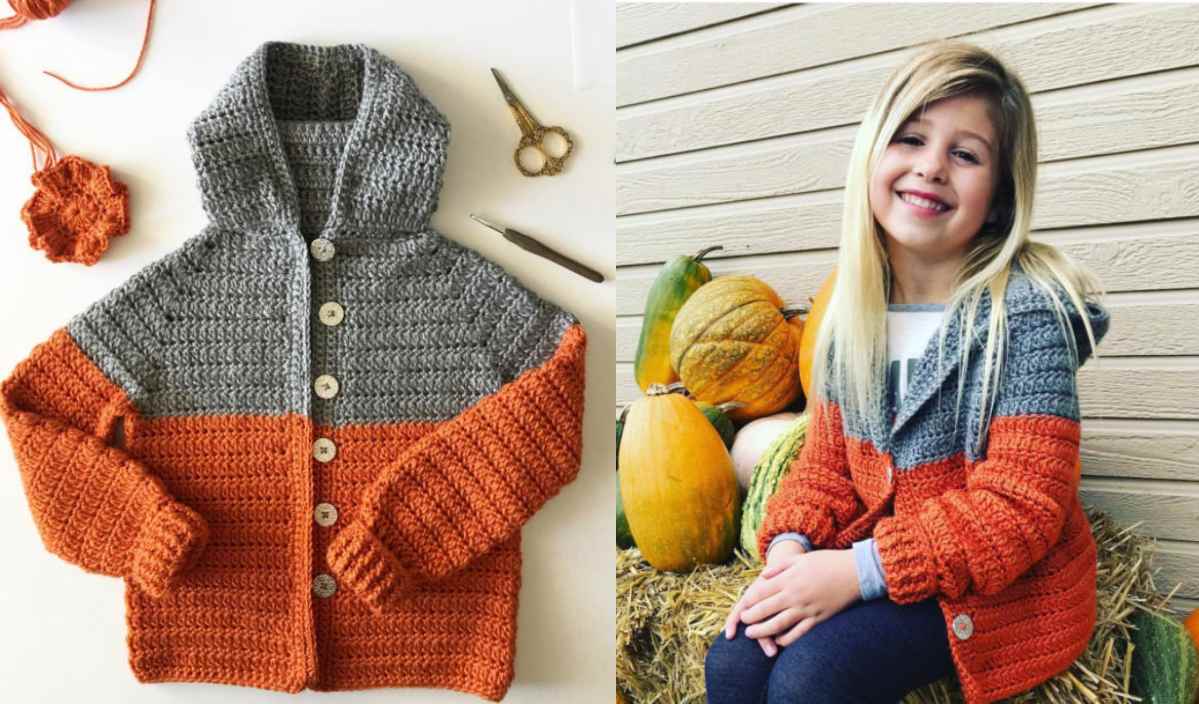 A child wearing a gray and orange color block sweater sits beside pumpkins on straw. A similar hoodie is displayed on the left, alongside crochet tools and a free crochet pattern.