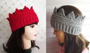 Two knit crown headbands: one red on a mannequin, one gray on a person. Both feature a pointed design, reminiscent of an intricate crochet pattern.